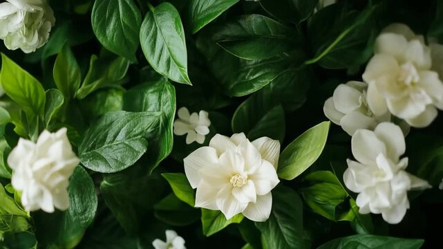 Elegant cream flowers with lush green leaves, Elegant cream flowers surrounded by vibrant green leaves