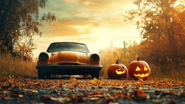 Vintage car on leaf-covered road with two carved pumpkins in autumn scenery