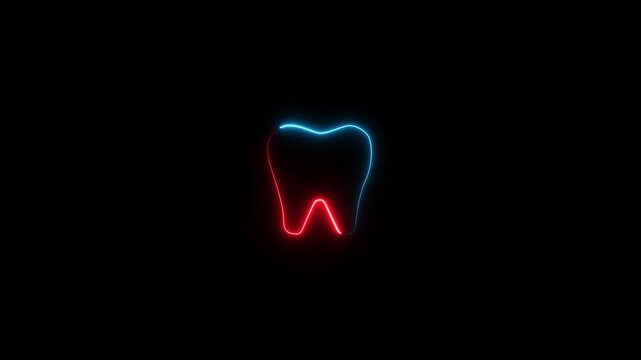 Neon tooth icon animation. Glowing neon tooth sign symbol. Oral health care, teeth diagnostics, check and treatment teeth, stomatology concept. neon tooth icon symbol
