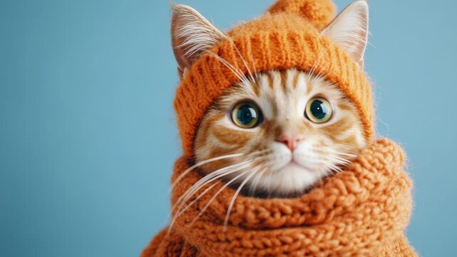 Cat wearing orange knitted hat and scarf against blue background