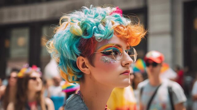 Vibrant person with rainbow hair and glitter makeup at a pride parade