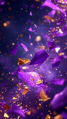 Floating purple and gold confetti against a dark, blurred background creating a celebratory, dynamic atmosphere