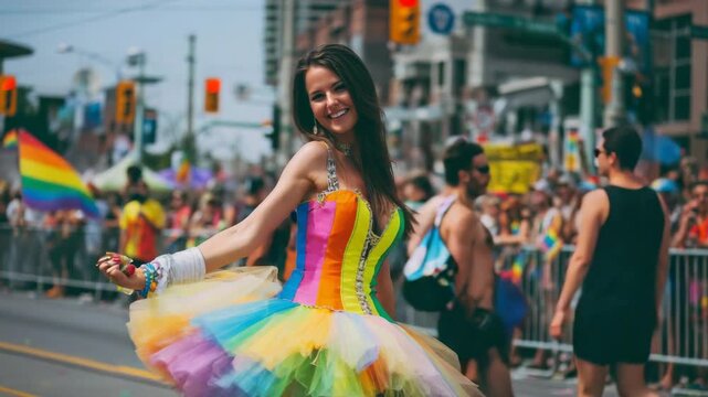 Woman in rainbow tutu dress dances joyfully at a vibrant pride parade celebration