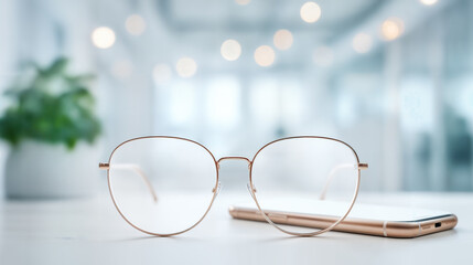 Office essentials on a desk with glasses and a smartphone