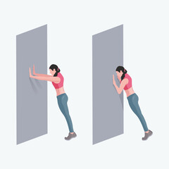 Flat vector illustration of a woman doing wall push-up exercise, showing proper body posture for home workout, fitness training, and healthy lifestyle concepts