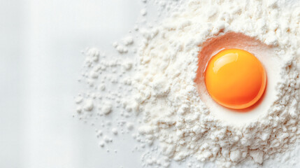 Baking essentials arranged in a flatlay with flour and egg