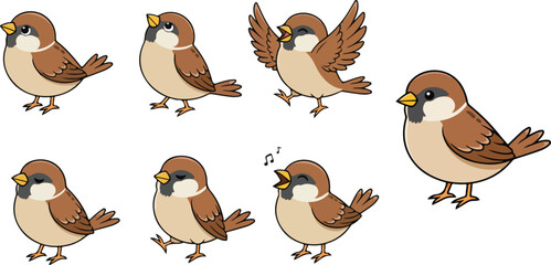 vector illustration of sparrow bird funny cute cartoon mascot character cartoon with 7 poses  © weng