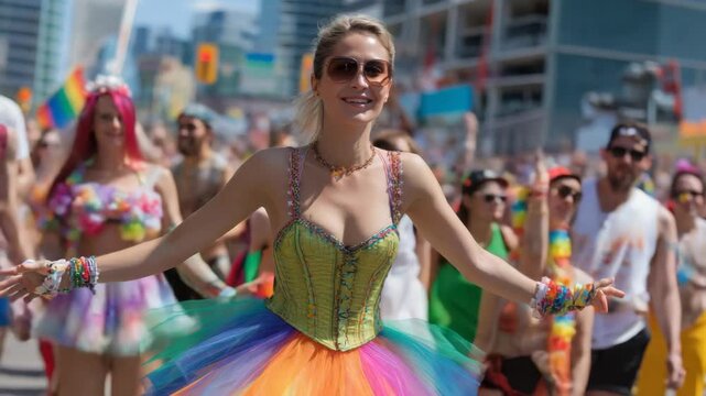 Woman in colorful tutu and corset dances joyfully at a vibrant pride parade celebration