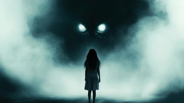 Lone girl faces spectral entity in mysterious fog