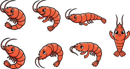 vector illustration of shrimp funny cute cartoon mascot character cartoon with 7 poses 01 © weng