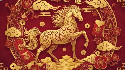 Intricate golden horse illustration with flowing mane and clouds on a red patterned background, representing zodiac prosperity and traditional Chinese art for New Year