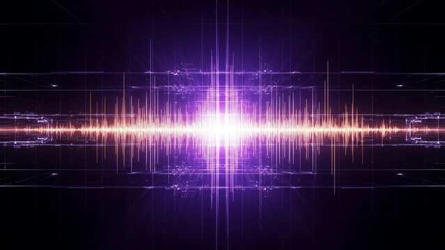 Futuristic digital HUD interface with glowing purple sound waveform and data - Powered by Adobe