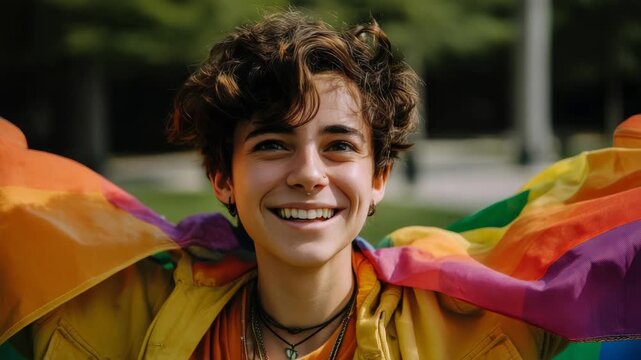 Joyful young person smiles brightly wrapped in a rainbow pride flag outdoors