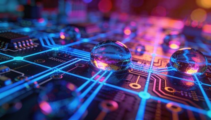 Close-up of glowing blue circuit board with water droplets reflecting neon lights
