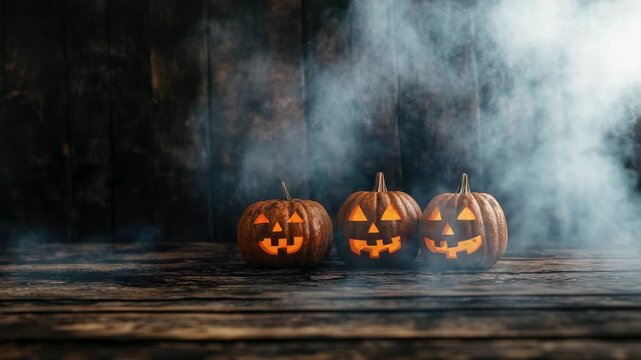 Three carved pumpkins with glowing faces on wooden surface smoke