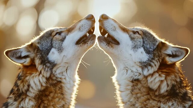 Two Wolves Howling in the Golden Light of the Sunset.