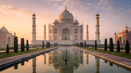 Fototapeta premium Iconic Taj Mahal in India at dusk with a warm orange sky, reflecting in the calm water pool, showcasing architectural beauty and historical grandeur
