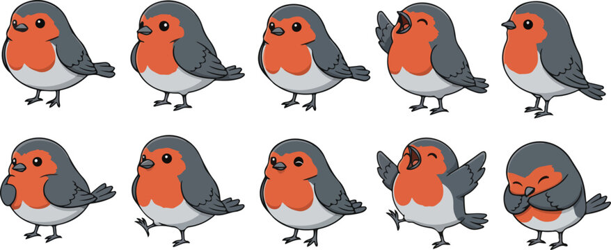 vector illustration of robin bird funny cute cartoon mascot character cartoon with 10 poses