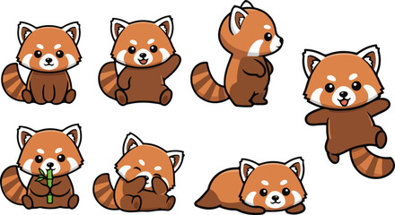 vector illustration of red panda funny cute cartoon mascot character cartoon with 7 poses © weng