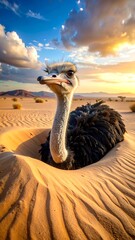Ostrich nestled in tan sand dune with fluffy feathers, looking skyward with colorful, cloudy sunset backdrop