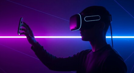 Person wearing VR headset interacting with digital interface, neon lights, futuristic technology, immersive experience