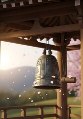 Serene Bronze Bell Hanging in a Traditional Wooden Pavilion with Falling Cherry Blossom Petals