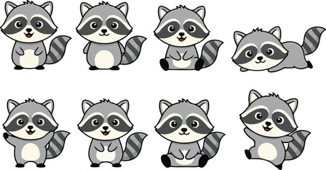 vector illustration of racoon funny cute cartoon mascot character cartoon with 8 poses 02 © weng