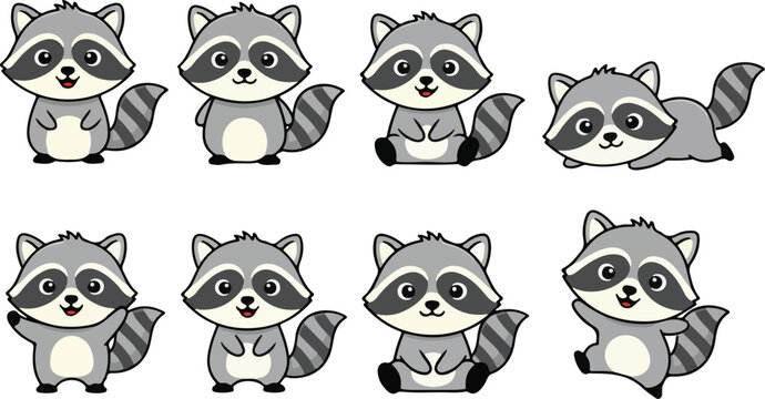 vector illustration of racoon funny cute cartoon mascot character cartoon with 8 poses 02