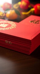 A Vibrant Stack of Traditional Red Envelopes with Golden Calligraphy for Lunar New Year Festivities