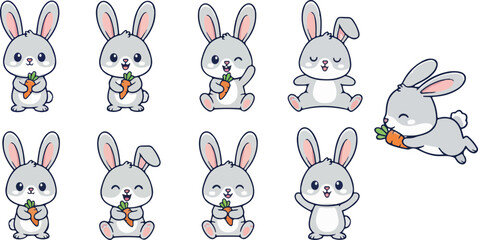 vector illustration of rabbit funny cute cartoon mascot character cartoon with 9 poses 01