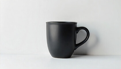 A plain black mug with a handle sitting on a white surface against a white background