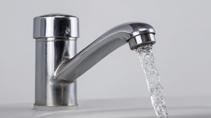 Close-up of a modern kitchen faucet with water flowing from it. the tap is made of stainless steel and has a shiny finish.