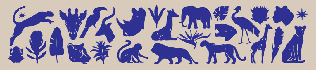 African animal linocut print set, hand drawn jungle flower nature shape vector wild predators print.