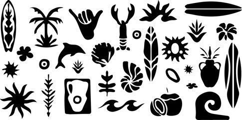 Tropical summer ocean print kit, hand drawn exotic nature silhouette stamp, vintage coastal logo. Sea shore surf travel sticker, Hawaii fruit, plant symbols, postage beach vacation badge.