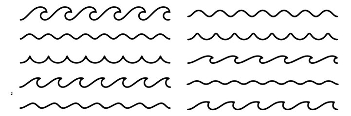 Wave line and wavy zigzag pattern lines. Vector black underlines, smooth end squiggly horizontal curvy squiggles.