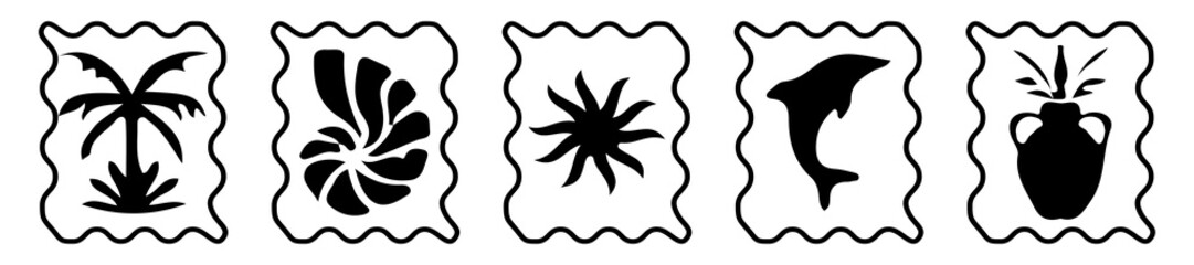 Summer tropical print set, vector hand drawn exotic surf vintage sticker, ocean Hawaii travel stamp. Vacation postcard design, sun symbol, palm tree, sea wave. © Ajimul