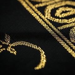 Close-up Abstract Golden Embroidery on Black Fabric with Bokeh Effect Illustrating Luxury and Detail