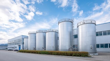 Large industrial building with multiple large cylindrical silos. the silos are made of metal and have a shiny, reflective surface. they are arranged in a row and appear to be new and well-maintained.