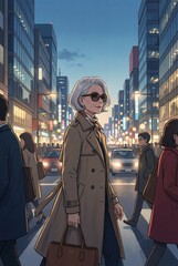 Elegant mature woman in a trench coat walking on a crowded city street at dusk. Urban fashion, luxury lifestyle, and metropolis atmosphere. Anime style illustration.