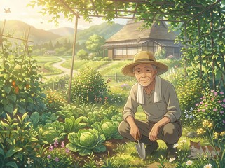 Elderly man gardening in a lush vegetable patch near a traditional rural house. Retirement, healthy lifestyle, and organic farming concept. Anime style illustration