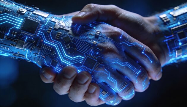 Human and AI handshake symbolizes future technology and partnership in digital innovation