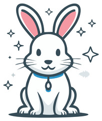 Obraz premium Cute cartoon white rabbit wearing a blue collar with sparkling stars