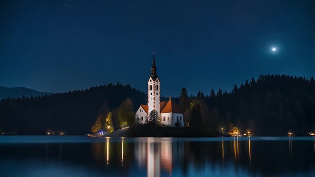 Nighttime Serenity: Church on Lake Bled under a Starry Sky Reflecting in Calm Waters