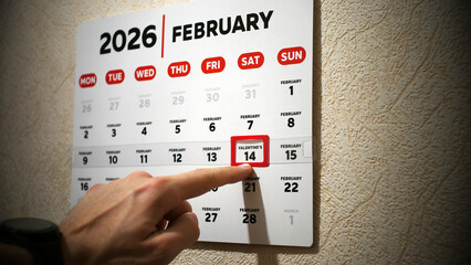 A man's hand pointing finger at Valentine's Day marked with a red curson on a wall calendar...
