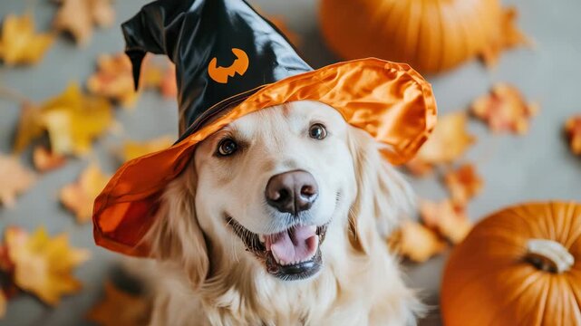 Golden retriever in witch hat surrounded by pumpkins and autumn leaves