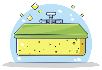 Obraz premium Sparkling clean kitchen sponge with a water tap handle in a creative cartoon vector illustration
