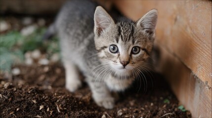 Fototapeta premium Close-up of a small kitten walking on the ground. the kitten is gray and white striped and is looking directly at the camera with a curious expression.