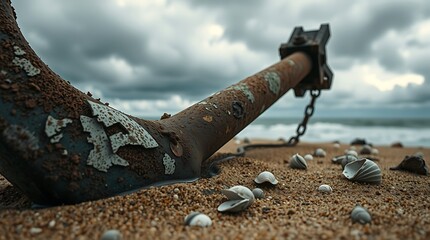 rusty metal anchor buried in sand on beach