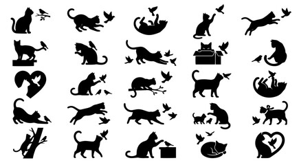 Obraz premium Cat Silhouette Clip-Art Pack with Birds – 25 Unique Vector Designs, Isolated on White Background