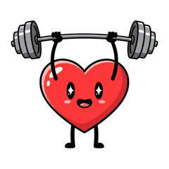 Adorable cartoon heart character lifting heavy barbell weights to symbolize cardiovascular fitness strength training on transparent background